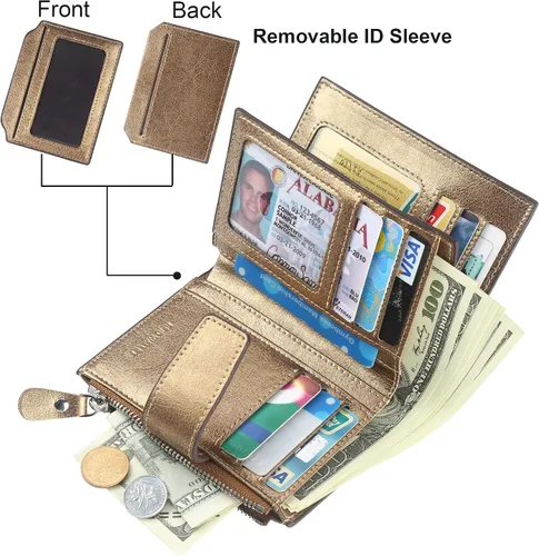 Vista 2 de Lavemi Cartera pequeña y compacta para mujer, con bloqueo RFID, de piel auténtica, con ventanas de identificación