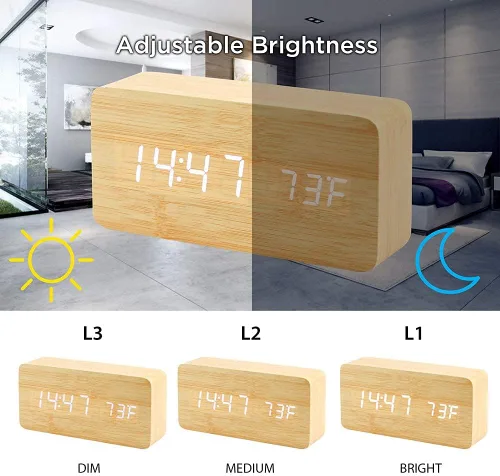 Vista 5 de OCT17 Reloj despertador digital de madera, reloj despertador LED multifunción de madera con fuente de alimentación USB, control de voz, Bambú