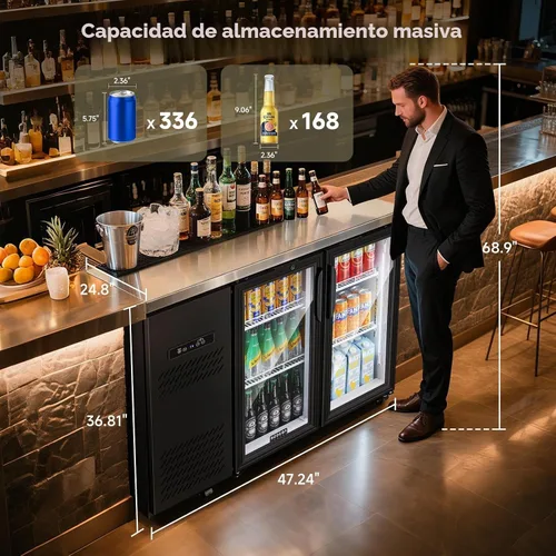 Vista 2 de BODEGACOOLER - Refrigerador comercial para barra trasera con 2 puertas de vidrio, refrigerador de acero inoxidable de altura de mostrador de 12 pies