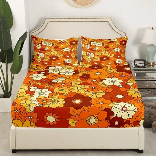 Vista 3 de Juego de ropa de cama con diseño floral bohemio, tamaño individual, diseño retro de flores groovy, 60S y 70S, diseño de flores hippie para niños