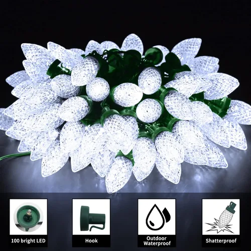 Vista 6 de ZAIYW Tira de luces de Navidad C9 de 66 pies, 100 luces LED de fresa, enchufe UL, tira de luces C9, cable verde, impermeable, para aleros de techo