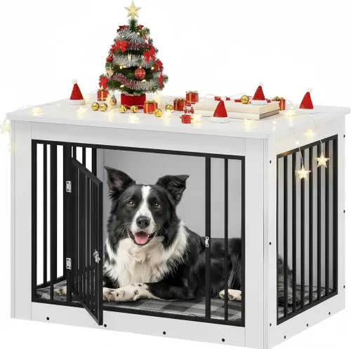 Vista 9 de YITAHOME Mueble de jaula para perros grandes, mesa auxiliar lateral, perrera moderna para perros de interior de hasta 60 libras, jaula de fusión