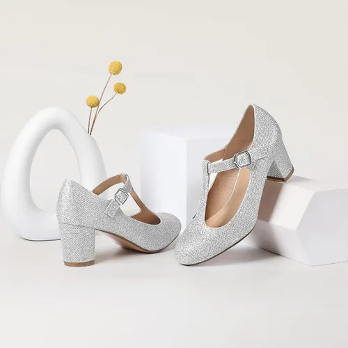 Vista 3 de IDIFU Zapatos de vestir para mujer, zapatos de vestir Mary Jane, zapatos de vestir bajos y gruesos con correa en T, zapatos de boda para novia