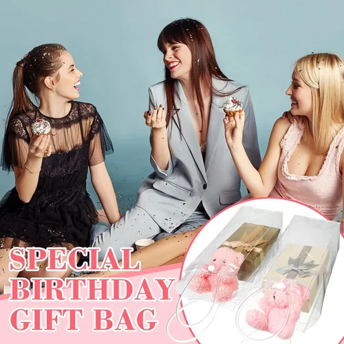 Vista 4 de Silkfly 30 bolsas de regalo de PVC transparente con asas de 10 x 4 x 4 pulgadas, bolsa de regalo reutilizable transparente rectangular para fiesta