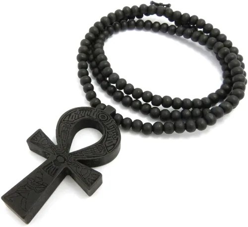 Vista 3 de Fashion 21 Colgante de cruz egipcia Ankh de 0.236 in, 27 pulgadas, collar de cuentas de madera elástico (3 colores disponibles)