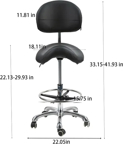 Vista 2 de Silla de montar con soporte de espalda, taburete giratorio ergonómico con ruedas, anillo de pie para higienista dental, técnico de pestañas