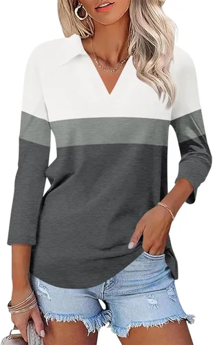Vista 37 de TICTICMISS - Camisas polo de cuello en V para mujer, manga 3/4, con cuello, tops casuales de negocios, tops de verano a la moda, holgados
