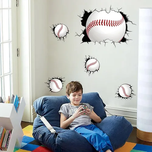 Vista 4 de Calcomanías de pared de béisbol 3D para decoración de dormitorio de Papel tapiz de béisbol, extraíble para despegar y pegar, decoración