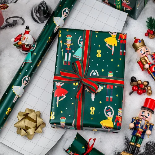 Vista 2 de MAYPLUSS Papel de Regalo de Navidad Rollo Jumbo - 30 Pulgadas X 100 Pies - Papel Metálico Vintage Verde y Dorado Cascanueces Ballet Papel de Regalo