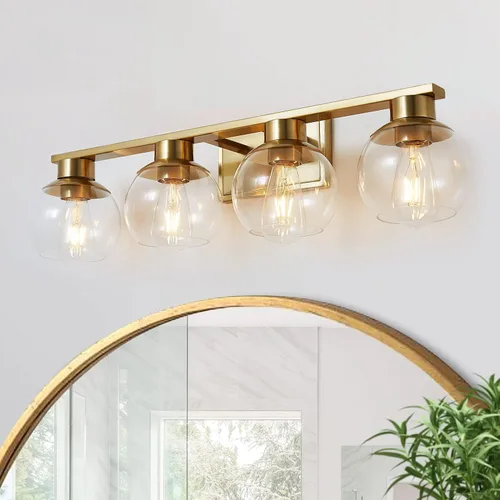 Vista 20 de Juego de 2 apliques de baño de latón cepillado, juego de dos apliques de pared dorados, lámpara de tocador de baño con pantalla de vidrio