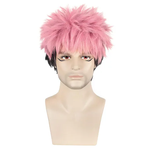 Vista 2 de Itadori Yuji - Peluca corta en capas de anime negro y rosa, resistente al calor, sintética, para Halloween, cosplay, fiesta de disfraces