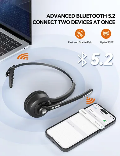 Vista 3 de TECKNET - Auriculares Bluetooth, auriculares inalámbricos con micrófono de cancelación de ruido para camionero, auriculares Bluetooth sobre la oreja