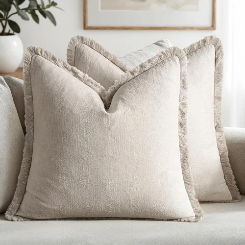 Vista 23 de MIULEE Juego de 2 fundas de almohada decorativas de lino neutro con flecos, fundas de cojín de estilo bohemio con borlas para sofá, cama, sala