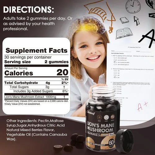 Vista 6 de Lions Mane - Gomitas de hongos para suplemento cerebral nootrópico, apoyo inmunológico, suplemento de hongos para aliviar el estrés, sabor a bayas
