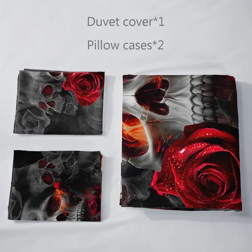 Vista 4 de AILONEN Juego de funda de edredón de calavera de azúcar, tamaño individual, juego de funda de edredón de calavera de rosa roja, juego de ropa