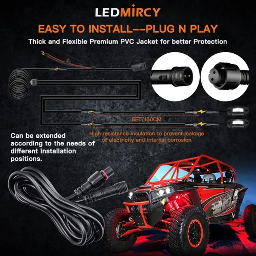 Vista 5 de LEDMIRCY Cable de Extensión para Luces LED de Roca Cable de Alambre de 2 Pines Impermeable 2PCS 5ft 22AWG con Conectores Macho a Hembra Tuerca