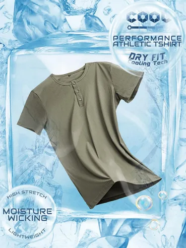 Vista 4 de Camisa Henley de ajuste seco para hombre, ropa de gimnasio, camiseta de entrenamiento de manga corta, camiseta atlética clásica y casual