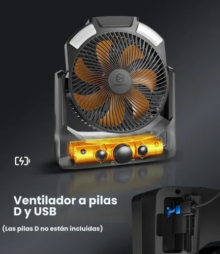 Vista 2 de Ventilador de campamento con linterna LED, ventilador de escritorio con pilas D de 8 pulgadas con temporizador, control de velocidad continuo