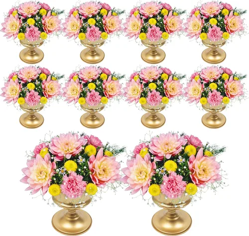 Vista 42 de Juego de 10 portavelas de metal dorado de 10.2 pulgadas de alto, florero, arreglo floral, candelabro, candelabro, portavelas para bodas, fiestas