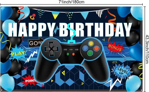 Vista 2 de Skylety 34 Piezas Decoraciones de Cumpleaños de Jugador Suministros de Fiesta de Videojuegos Incluyendo Telón de Fondo de Feliz Cumpleaños
