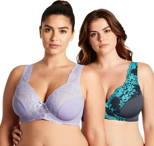 Vista 19 de Curve Muse Brasier reductor sin forro con aros para mujer con bordado de encaje, paquete de 2