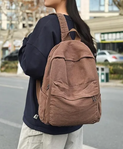 Vista 2 de Mochila de lona para mujeres y hombres, linda mochila vintage para laptop universitaria, hippie, grunge, casual, mochila de viaje, Marrón, Mediana