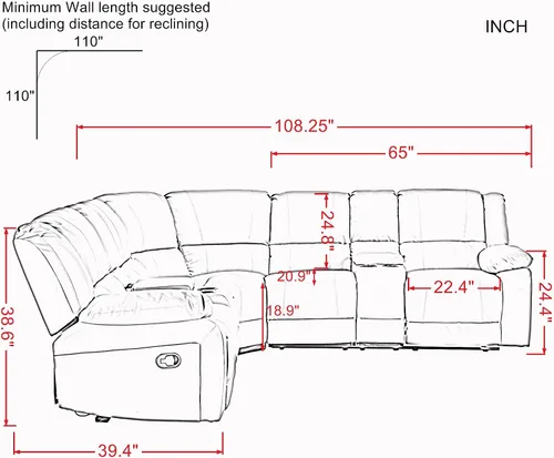 Vista 2 de cjc Sofá modular reclinable de cuero para sala de estar, sofá en forma de L, 2 consolas, 4 portavasos y almacenamiento, juego de sofás tapizados