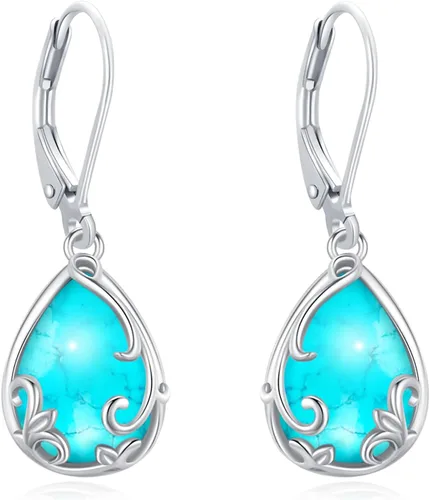 Vista 260 de Aretes colgantes de plata de ley con diseño de árbol de la vida, flor, abeja, animales, gato, colibrí, piedra lunar, turquesa, aretes con cierre