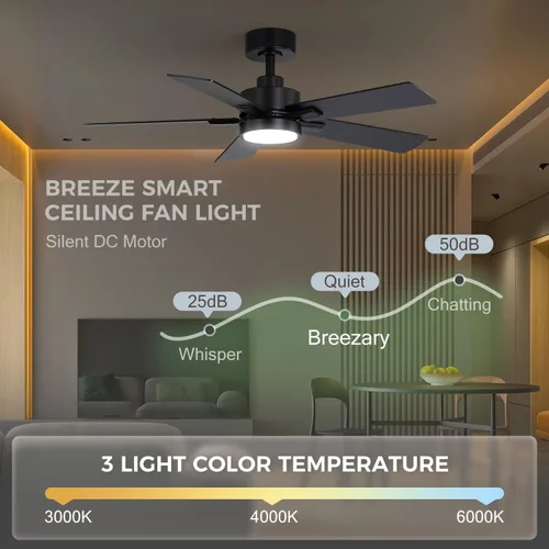 Vista 3 de Ventiladores de techo con luces LED, control remoto de ventilador de techo negro de 5 aspas de 42 pulgadas, ventilador de techo moderno con motor