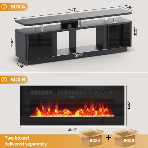 Vista 3 de oneinmil Soporte de TV con chimenea de 70 pulgadas para sala de estar, centro de entretenimiento con chimenea eléctrica con luces LED dobles