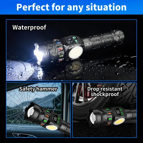 Vista 5 de Linternas recargables de alto lúmenes 5000 de larga distancia, luces LED superbrillantes con luz lateral COB pantalla LCD USB C, fuente de luz dual