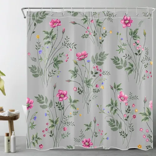 Vista 8 de Cortina de ducha floral rosa para baño, flores silvestres y hojas verdes salvia sobre beige, cortinas de ducha con ganchos, juego de cortinas