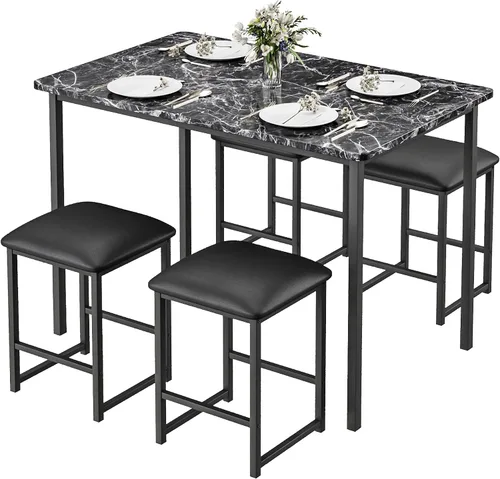 Vista 11 de VECELO Mesa y sillas de cocina para 4, juego de comedor con sillas/taburetes de poliuretano, marco de metal resistente, mesa de madera, diseño que