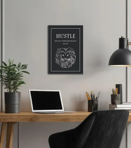 Vista 2 de Inspirational Hustle Wall Art - Lion Head withEncouraging Quotes Canvas Print Motivational Wall Decor, Black and White Office Picturtes Success