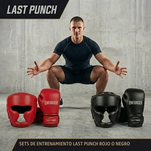 Vista 4 de 2 pares de guantes de boxeo Pro y equipo de cabeza profesional en rojo y negro, 16 onzas