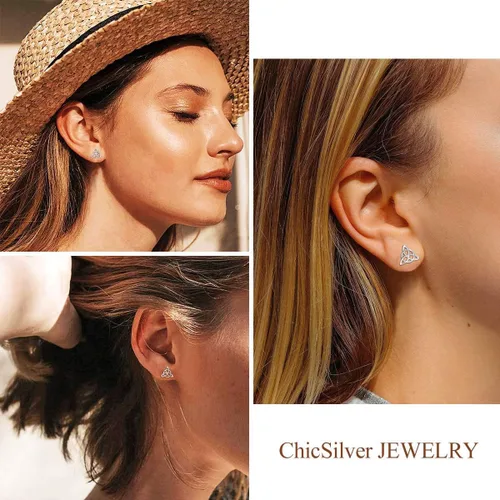 Vista 2 de ChicSilver Aretes de nudo celta hipoalergénicos de plata de ley 925 con forma de corazóntriángulo, joyería celta para mujer, plataorooro rosa