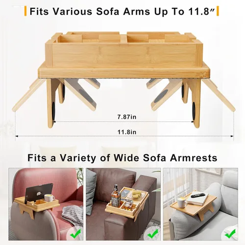 Vista 4 de Bestjing Bandeja de bambú para portavasos de sofá – 2 en 1 con soporte doble desmontable Be Slide-Away – Sofá sillón Caddy para beber aperitivos
