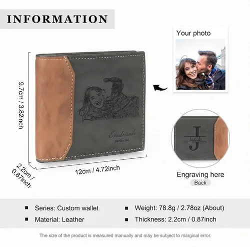 Vista 2 de Carteras personalizadas para hombres, cartera personalizada para hombre con imagen grabada y nombre, billetera delgada de cuero plegable, regalos