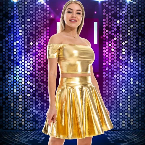 Vista 4 de eccbox Minifalda metálica brillante para mujer, diseño de discoteca de moda, acampanada, plisada y acampanada
