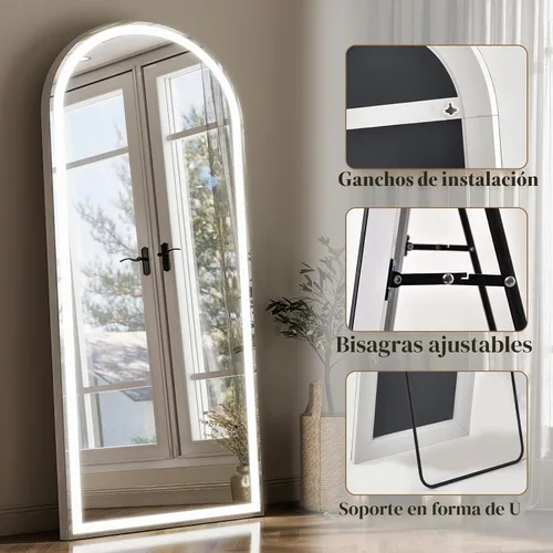 Vista 6 de GLSLAND Espejo LED Arqueado de Cuerpo Entero de 26"x68" con Luces para Montar en Pared/de Pie, Espejos de Piso Iluminados Regulables