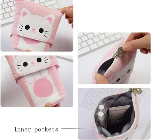 Vista 6 de iSuperb - Portalápices convertible para soporte y almacenamiento, de lona y poliuretano, con caricatura de gato adorable; cartuchera telescópica