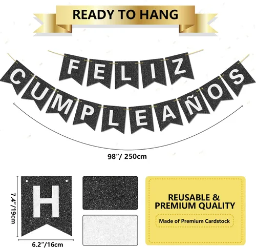 Vista 2 de Cartel de feliz cumpleaños pre-encordado – No DIY – con letras brillantes con purpurina FELIZ CUMPLEAÑOS DECORACIONES Banner para decoración