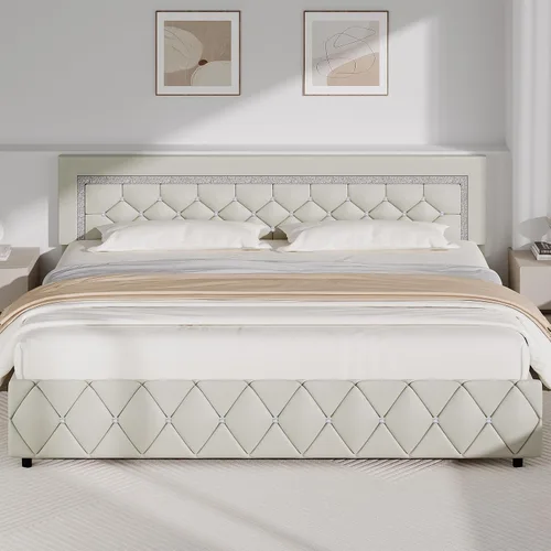 Vista 20 de BarnFurin Base de cama individual con cabecero, cama tapizada con diseño capitonado de diamante, marco de cama para niños con soporte de listones