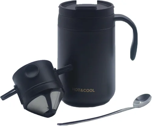 Vista 3 de Cafetera portátil de 16 onzas con filtro plegable y agitador, taza de viaje aislada de acero inoxidable con tapa, no necesita filtro de papel, sin