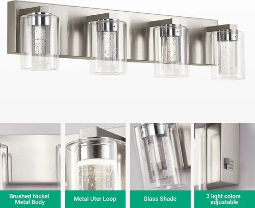 Vista 7 de Lámpara de tocador de 4 luces de níquel cepillado, cristal de burbujas con luces regulables de 3 colores, moderna lámpara de pared para baño