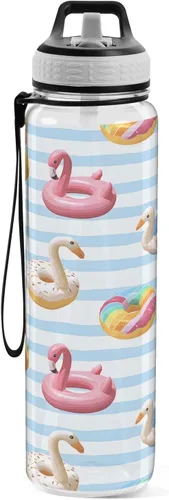 Vista 2 de ALAZA Flamingo Swan Circlen - Botella de agua con tapa de pajilla, 32 onzas, a prueba de fugas, botella de agua deportiva transparente grande