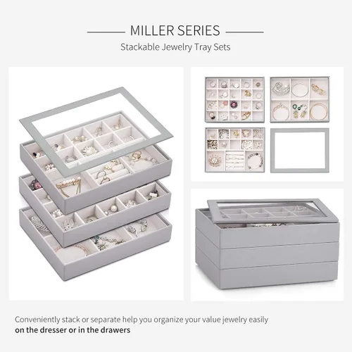 Vista 7 de Vlando - Bandeja organizadora de joyas apilable de gran capacidad organizador de cajones bandeja de exhibición caja para anillos aretes collares
