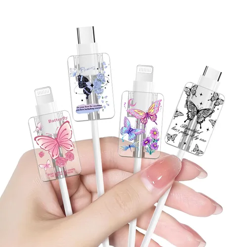 Vista 18 de Bonito protector de cable floral para cargador de iPhone, patrón de lavanda, camelia, girasol, ramo de flores, encaje, cerezo en flor, set de 6