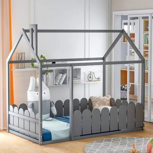 Vista 12 de Merax House Bed Twin Size Wood Bed Frame with Roof and Fence for Girls, Boys, Weight Capacity No Limit (Espresso)
