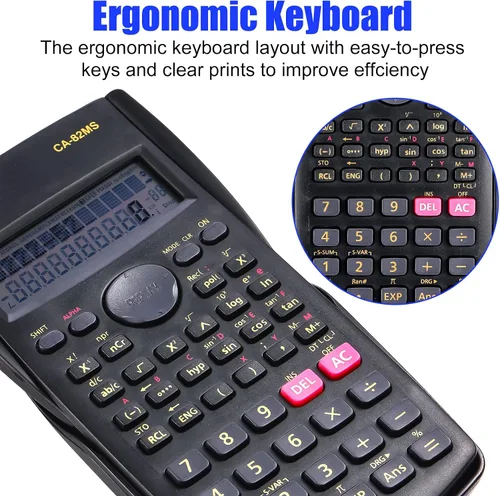 Vista 5 de Saillong Calculadora científica de ingeniería de 2 líneas, calculadora matemática de fracciones de función negra para negocios, oficina